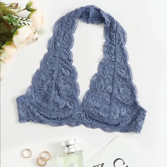 SHEIN Other - DUSTY BLUE PLUNGING FLORAL LACE HALTER BRALETTE